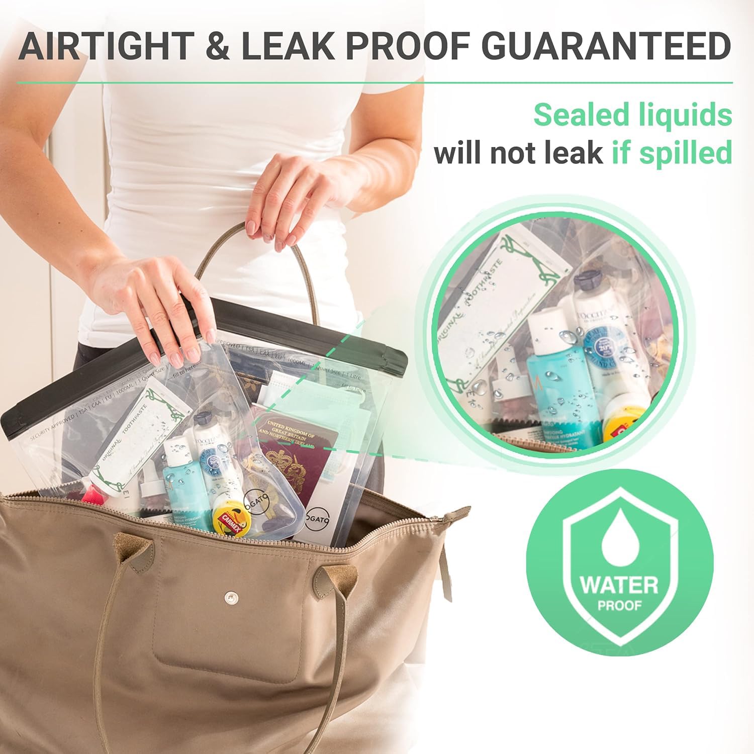 Ogato waterproof zip-top design demonstrates secure sealing during transit