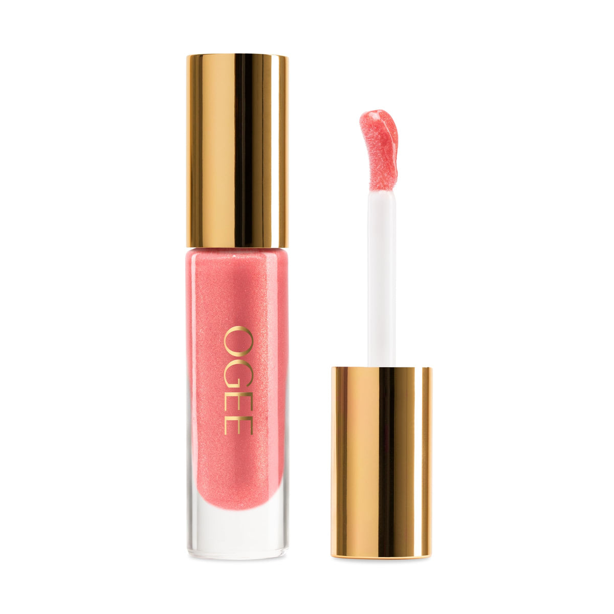 Ogee Beyond Clean Lip Gloss Poppy swatch showing peachy-pink shimmer for radiant lips