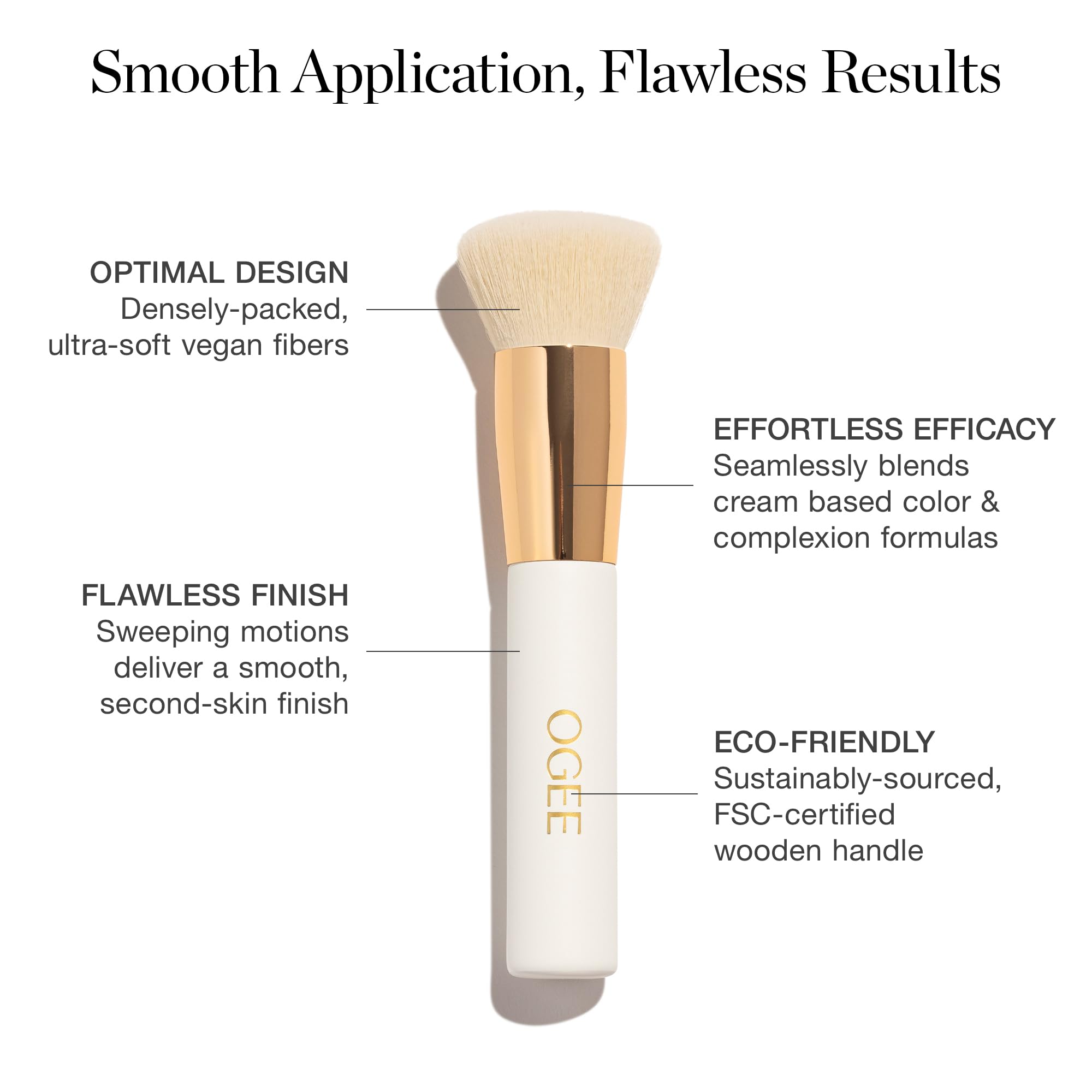 Ogee Blender Brush on cheek applying foundation for natural-looking finish.