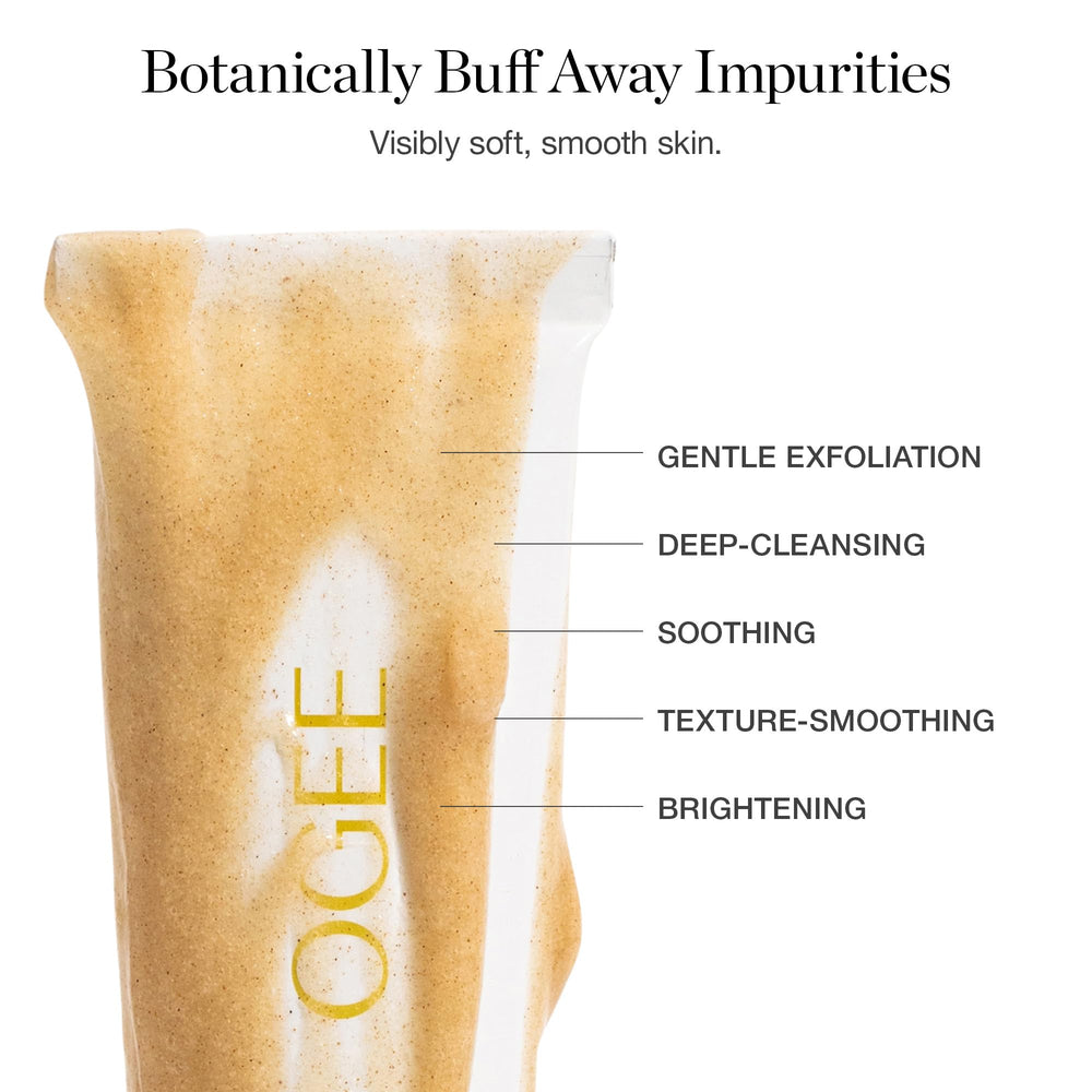 Ogee Botanical Brilliance Exfoliating Cleanser texture closeup highlights micro-exfoliating spheres.