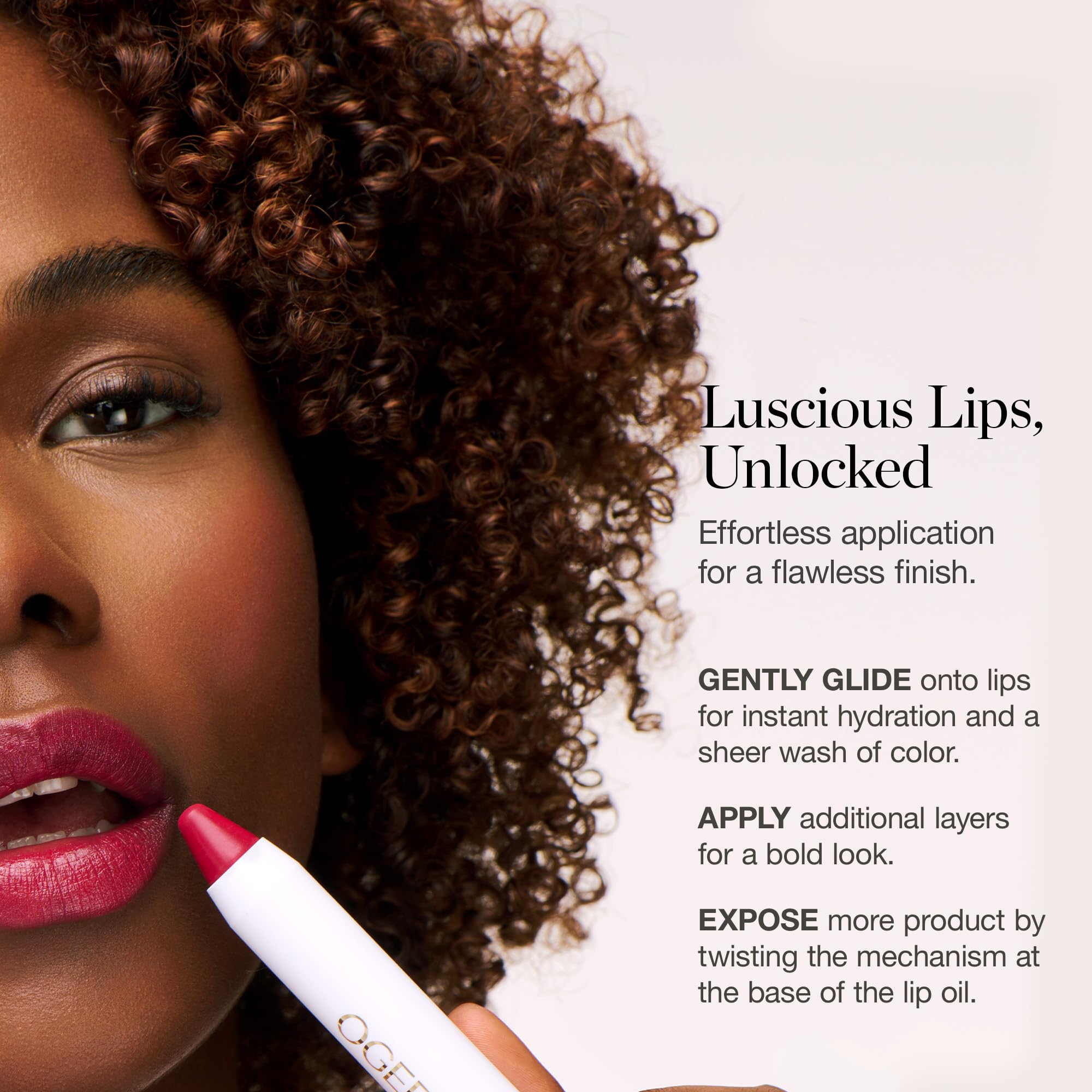 Ogee Dahlia soft delivery system melts nutrients for smooth lip application.