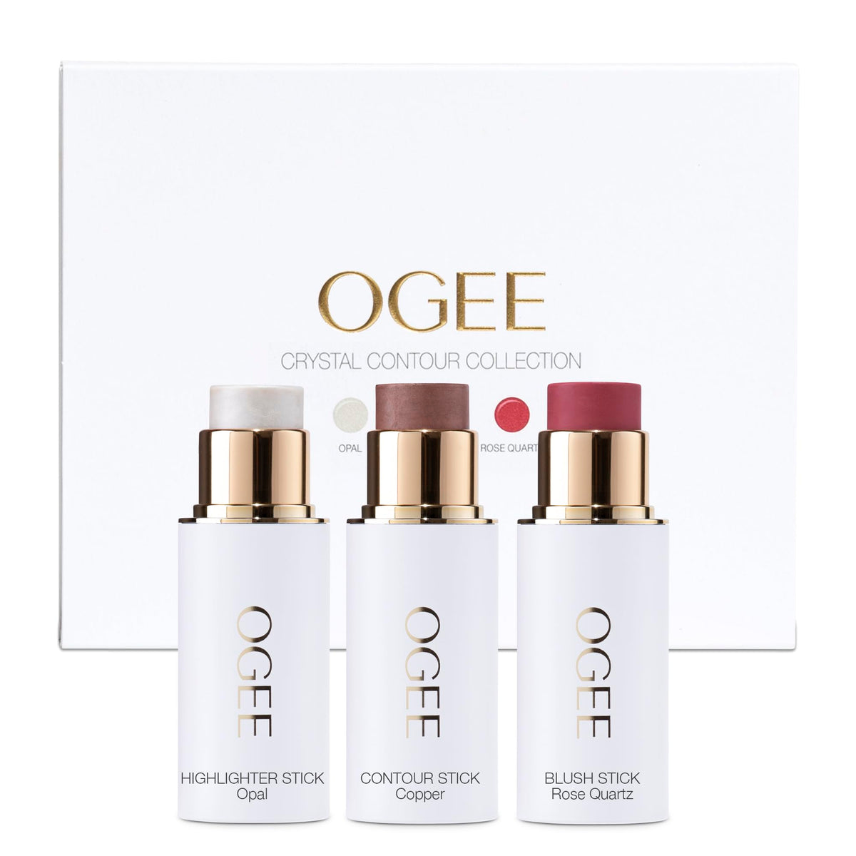 Ogee Face Stick Crystal Collection Trio package shows the compact everyday glow kit for on-the-go contour.