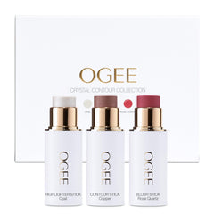 Ogee Face Stick Crystal Collection Trio package shows the compact everyday glow kit for on-the-go contour.
