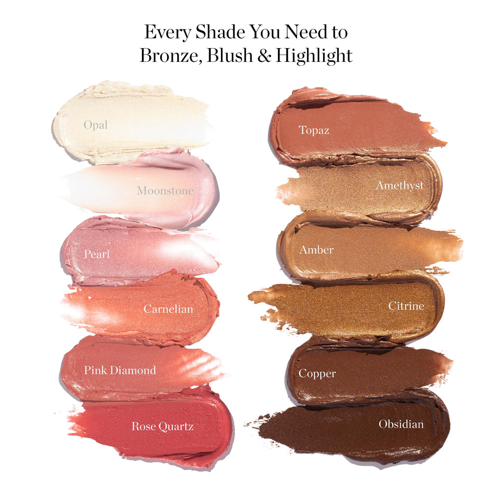 Ogee Face Stick Radiant Trio highlighter stick application highlights cheekbones with layerable luminosity.