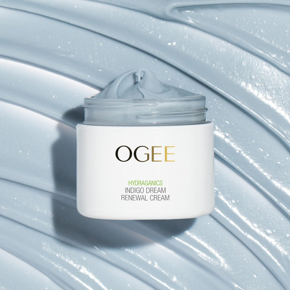 Ogee Indigo Dream Renewal Cream organic ingredients label signals clean, gentle skincare.