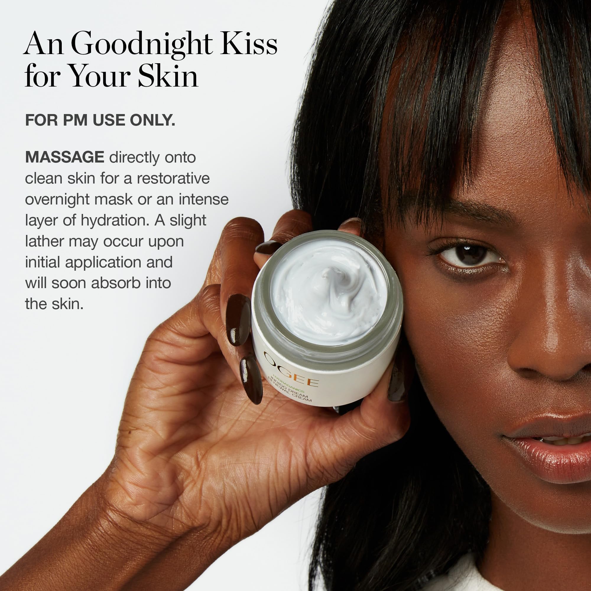 Ogee Indigo Dream Renewal Cream texture closeup highlights silky, nourishing moisturization.