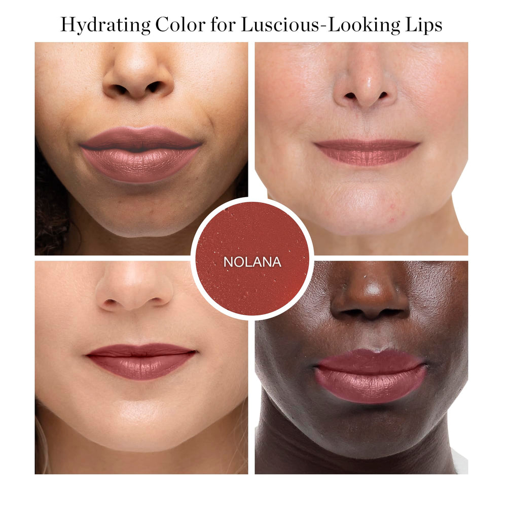 Ogee Nolana tinted lip oil application on lips demonstrates lightweight tint and smooth glide.
