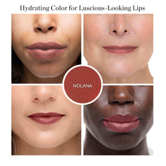 Ogee Nolana tinted lip oil application on lips demonstrates lightweight tint and smooth glide.