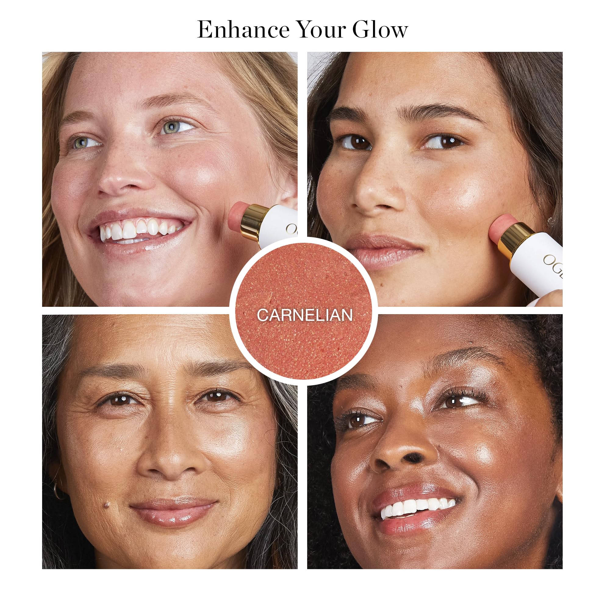 Ogee Sculpted Face Stick Carnelian swirl-on cheek demonstrates blendable color for natural flush