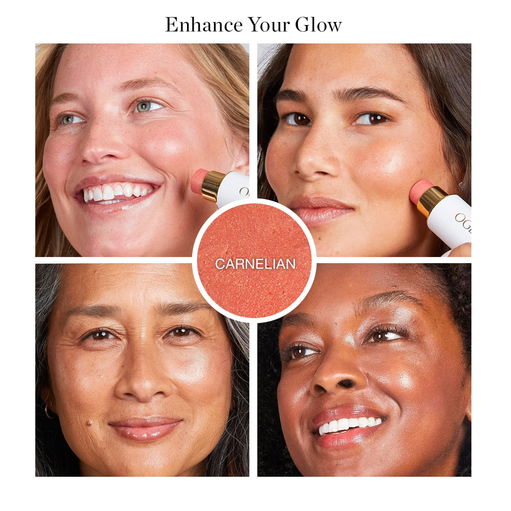 Ogee Sculpted Face Stick Carnelian swirl-on cheek demonstrates blendable color for natural flush