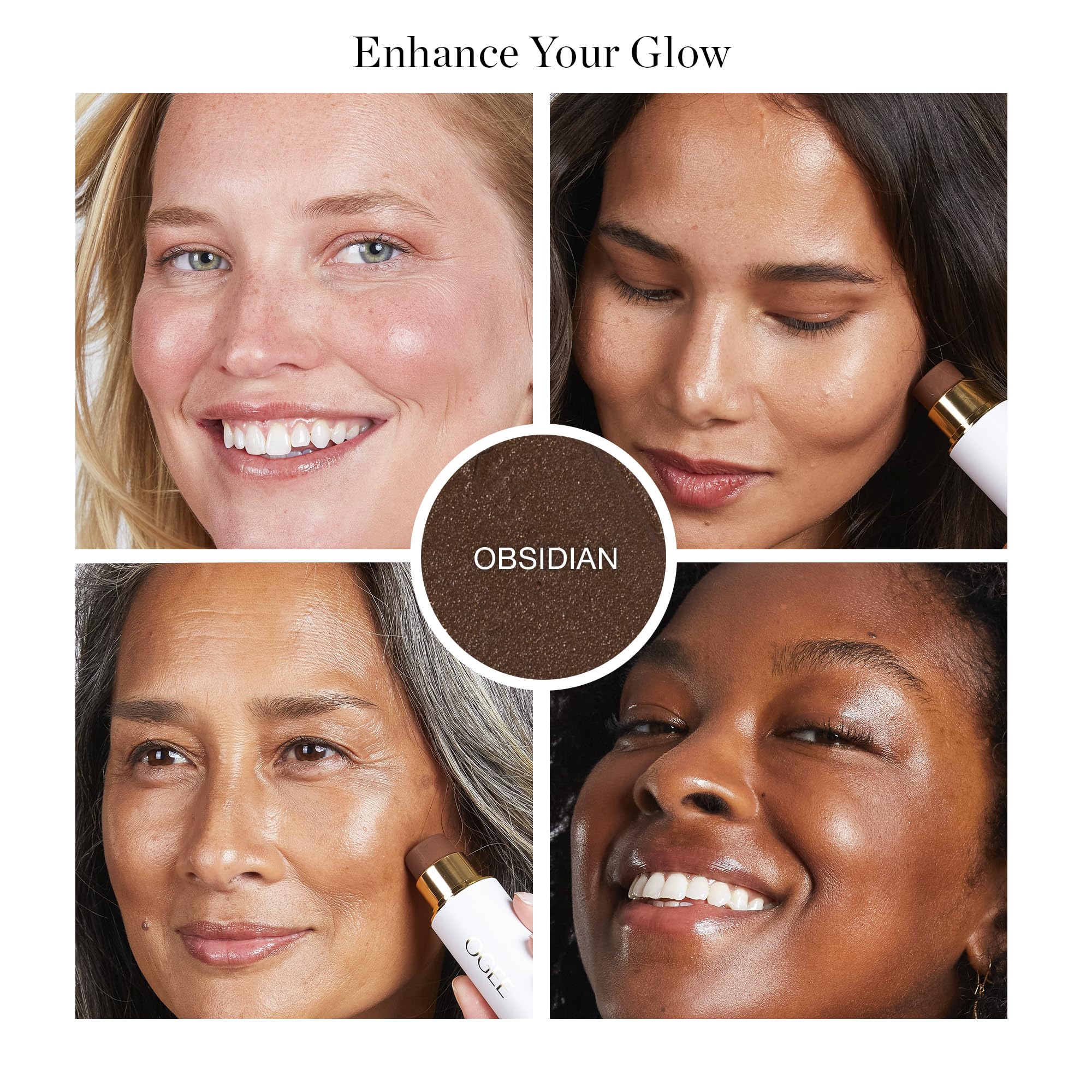 Ogee Sculpted Face Stick Obsidian Matte Deep Bronze swirl on cheek showcases blend.