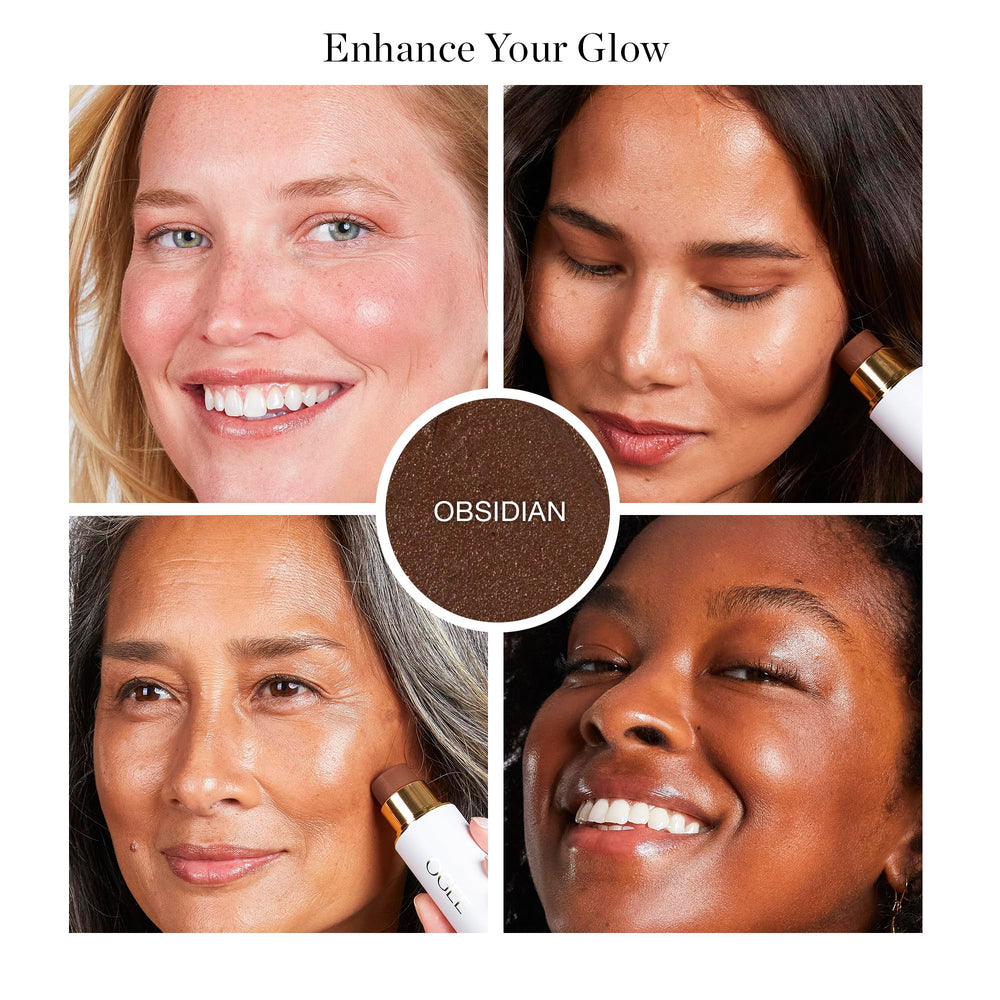 Ogee Sculpted Face Stick Obsidian Matte Deep Bronze swirl on cheek showcases blend.