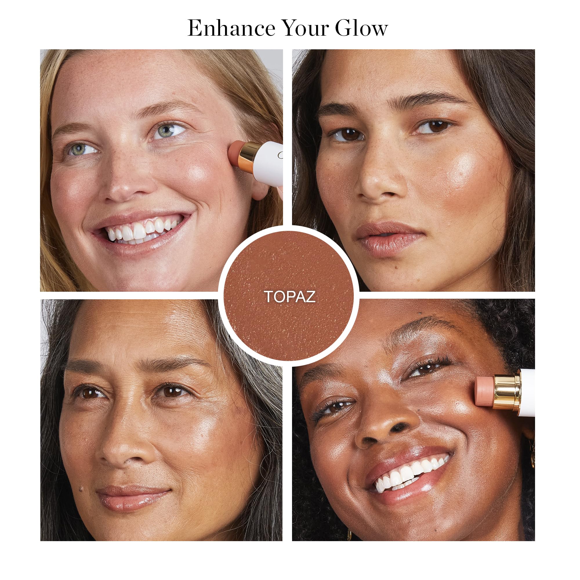 Ogee Sculpted Face Stick topaz rosy-peach swatch on cheek for customizable color