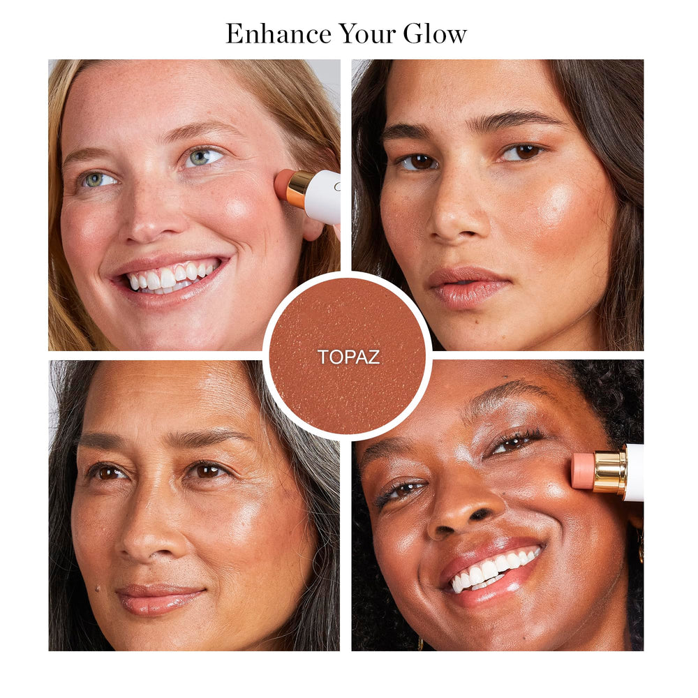 Ogee Sculpted Face Stick topaz rosy-peach swatch on cheek for customizable color