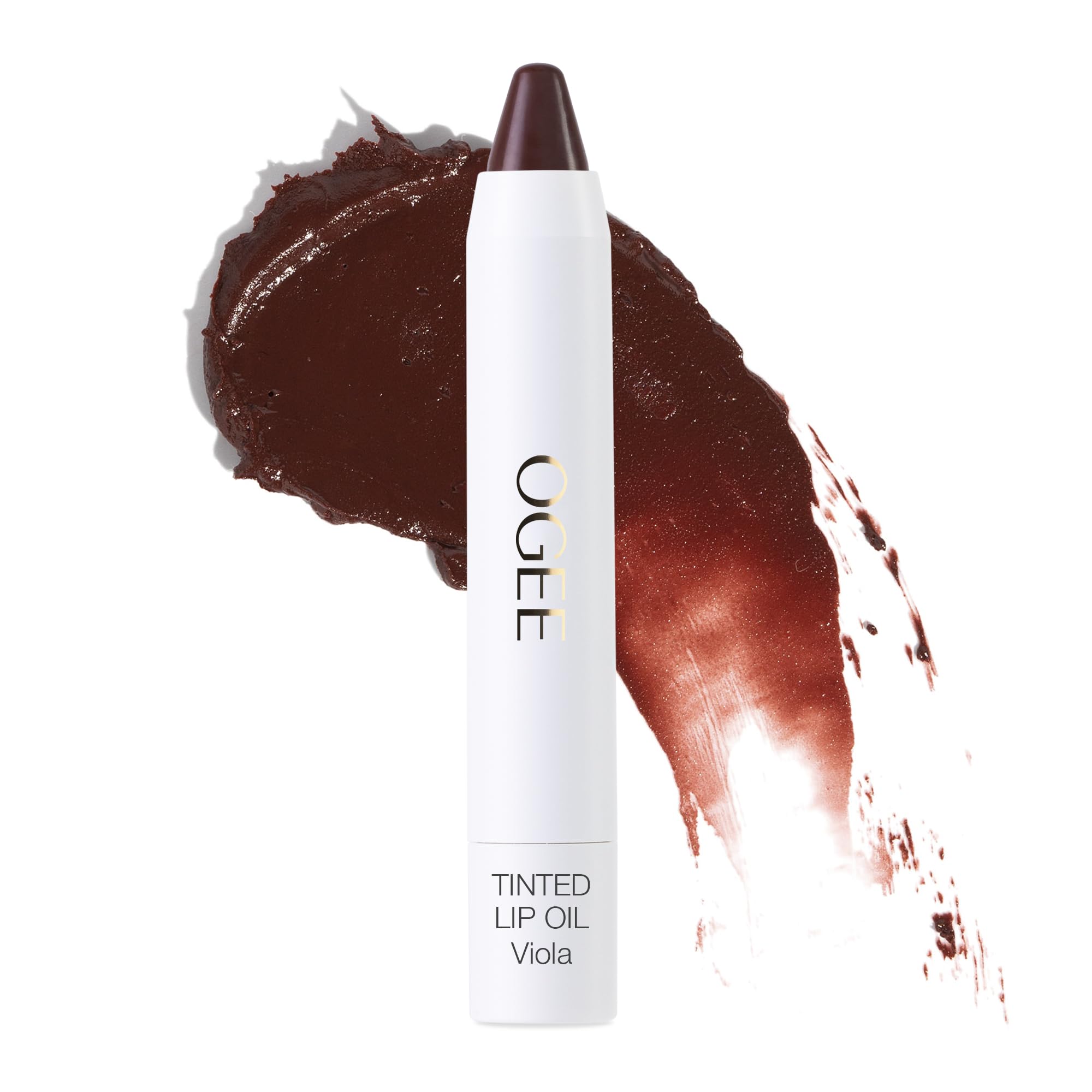 Ogee Viola tinted lip oil bottle shows blackberry brown color with moisture