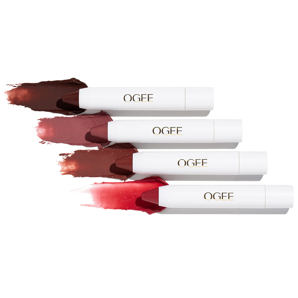 Ogee Blossom Viola lip oil swatch reveals blackberry brown nourishment