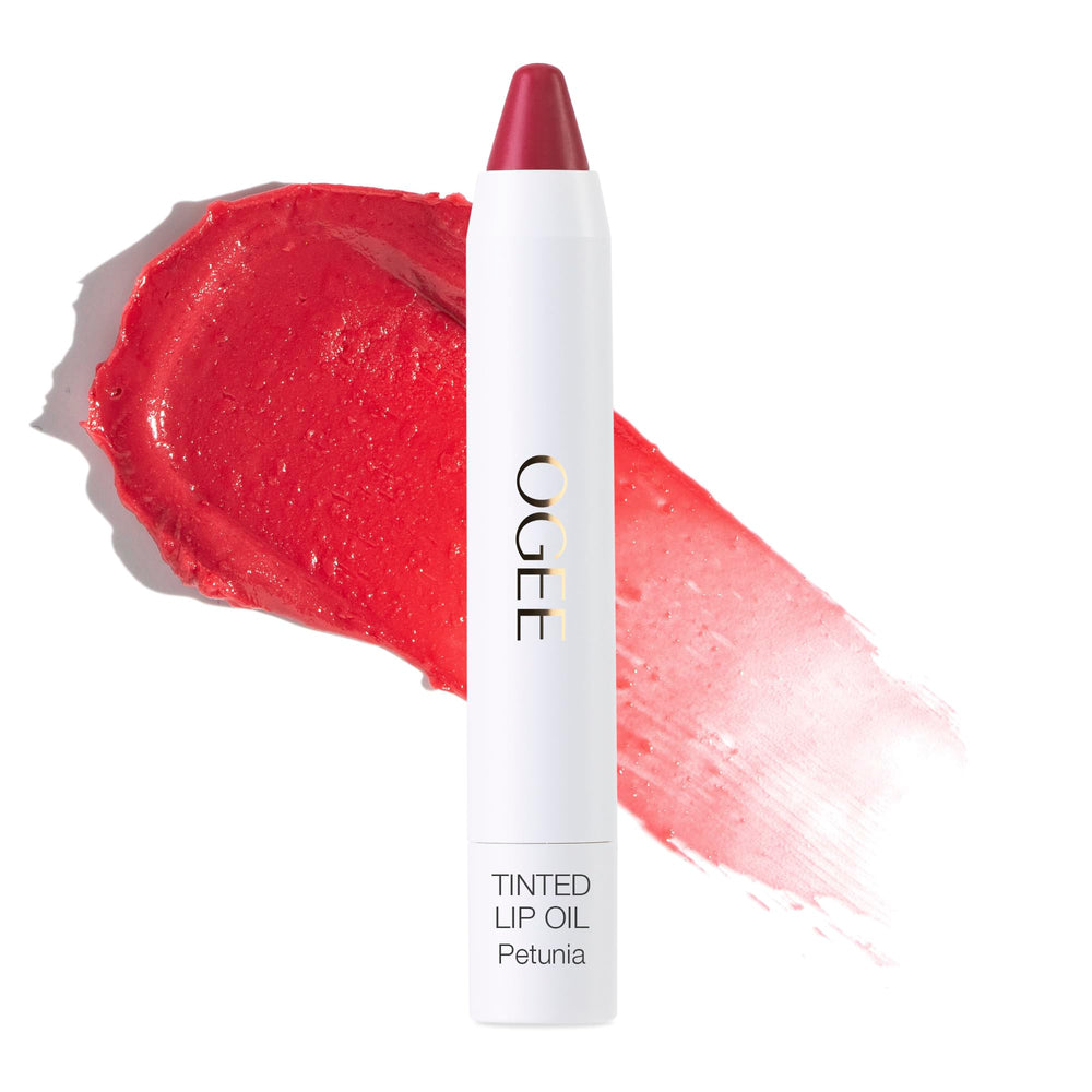 Ogee Petunia lip oil bottle delivers a sheer blush tint and hydrating oils.