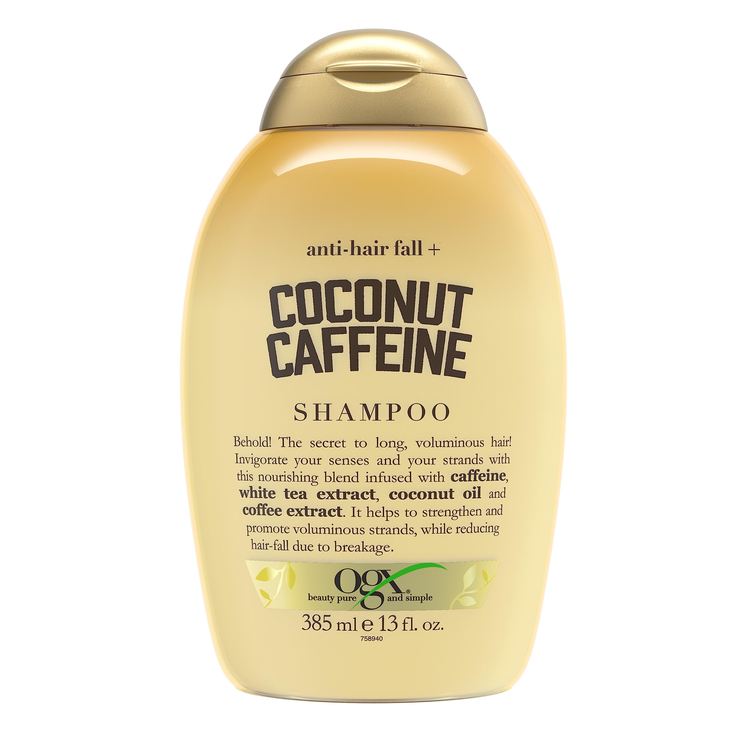 OGX Anti-Hair Fall bottle shows caffeine-infused formula for stronger, fuller hair.