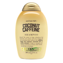 OGX Anti-Hair Fall bottle shows caffeine-infused formula for stronger, fuller hair.