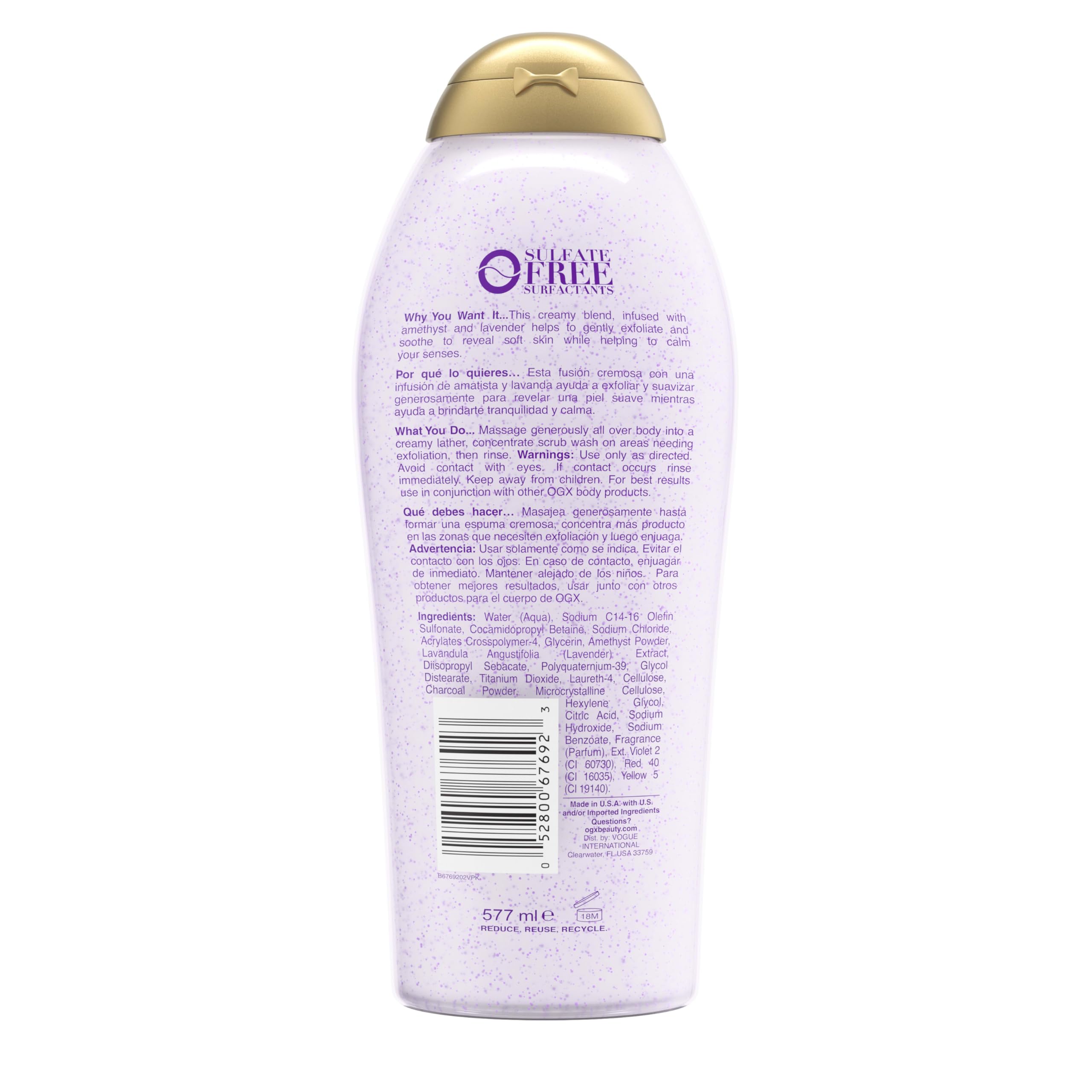 Recyclable OGX bottle messaging for eco-conscious packaging.