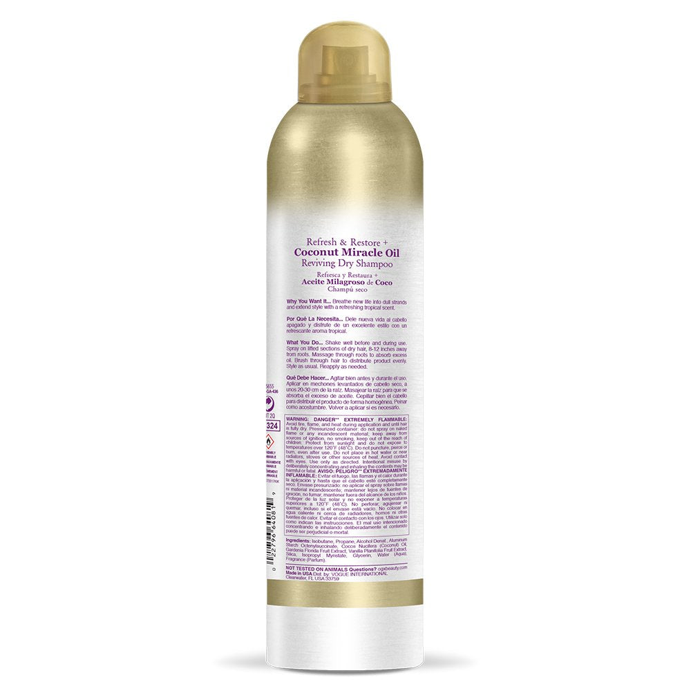 OGX coconut miracle oil dry shampoo spray ready to refresh roots between washes