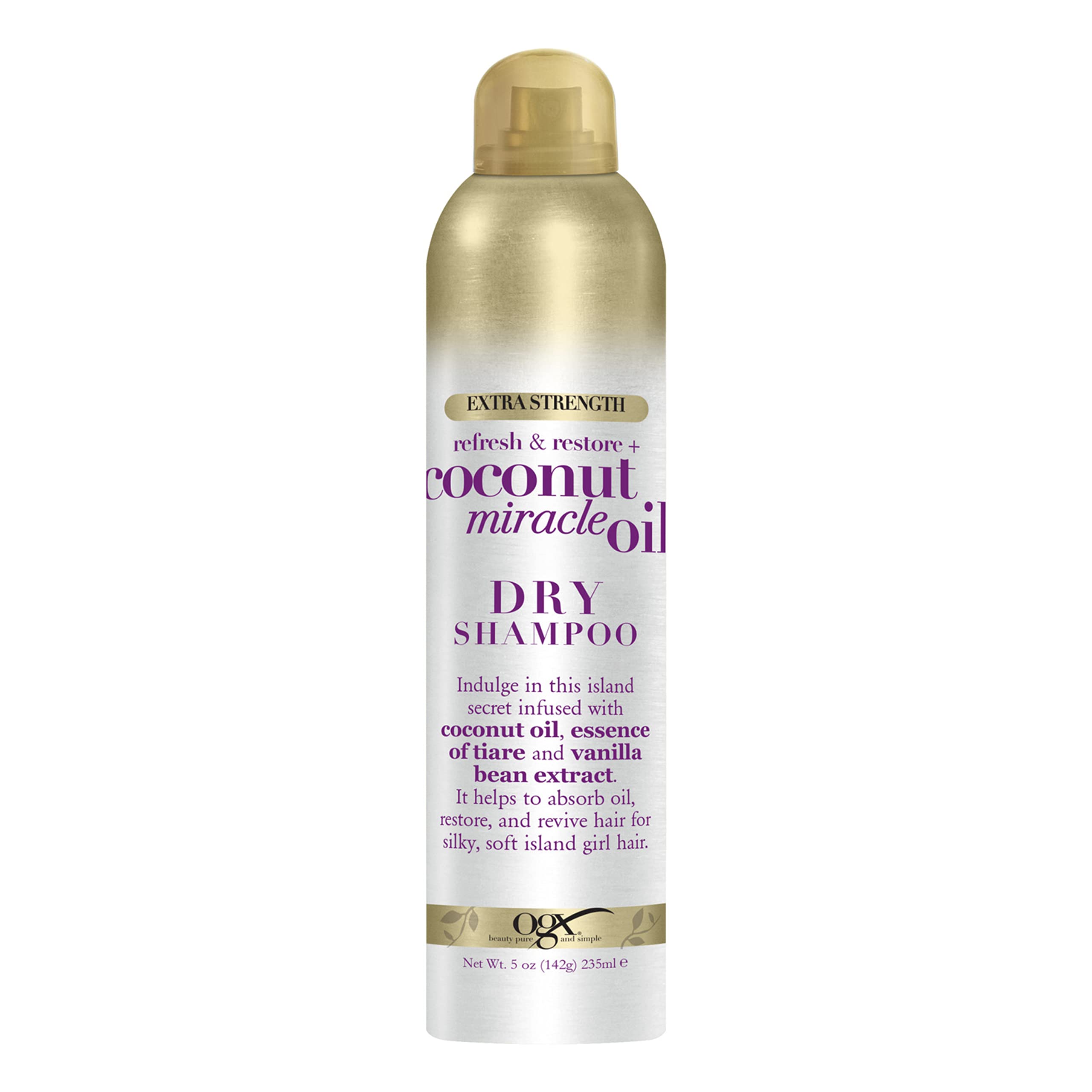 OGX extra-strength refresh restore dry shampoo bottle showing oil-absorbing action for fresh second-day hair