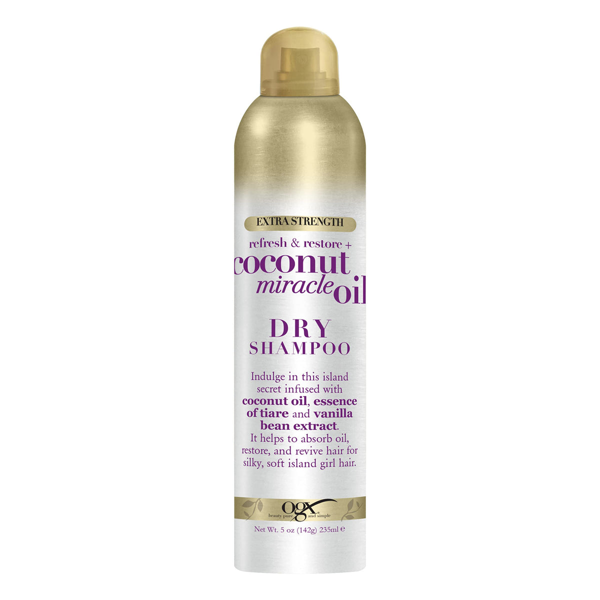 OGX extra-strength refresh restore dry shampoo bottle showing oil-absorbing action for fresh second-day hair