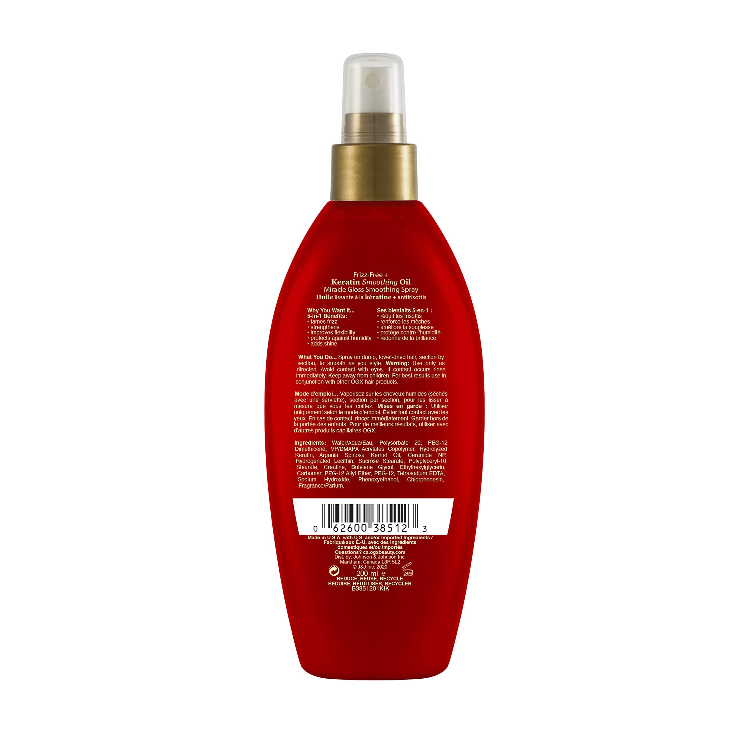 OGX Miracle Gloss Spray dispensing nozzle for quick smoothing on damp hair