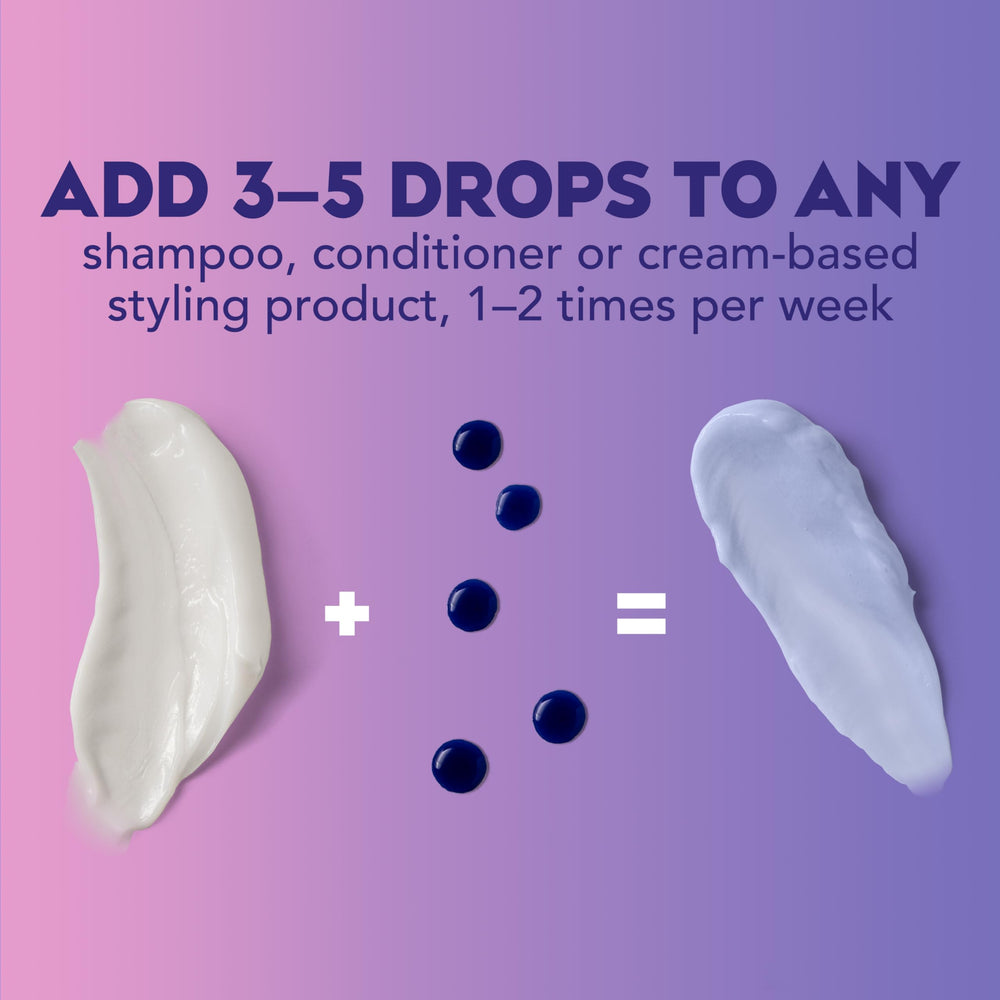 A close-up shows drops mixing into conditioner to reveal buildable toning control.