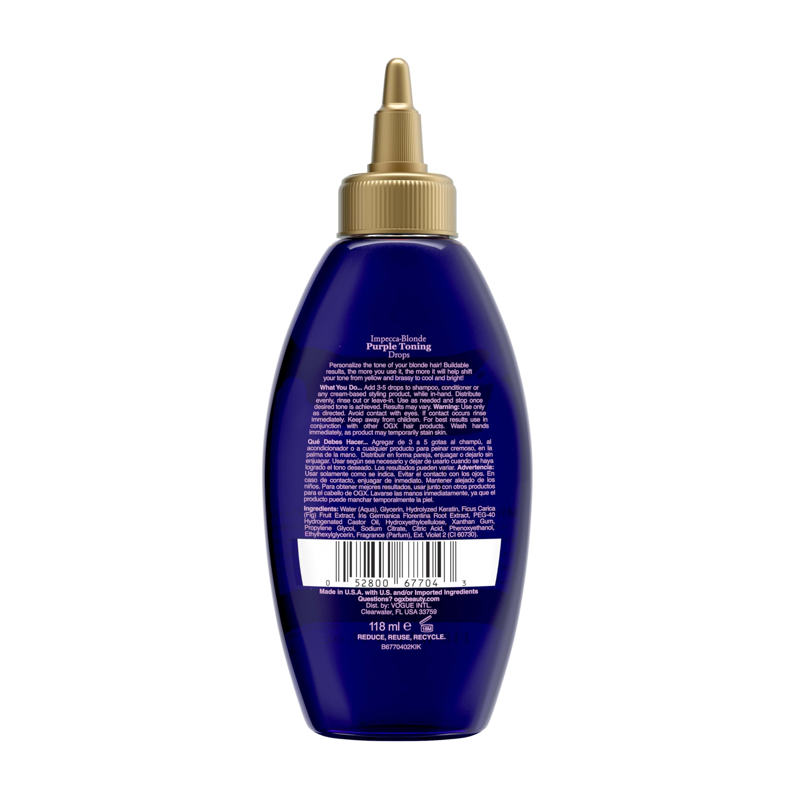 Official OGX pairing shows Impecca-Blonde Drops with purple toning shampoo for deeper correction.
