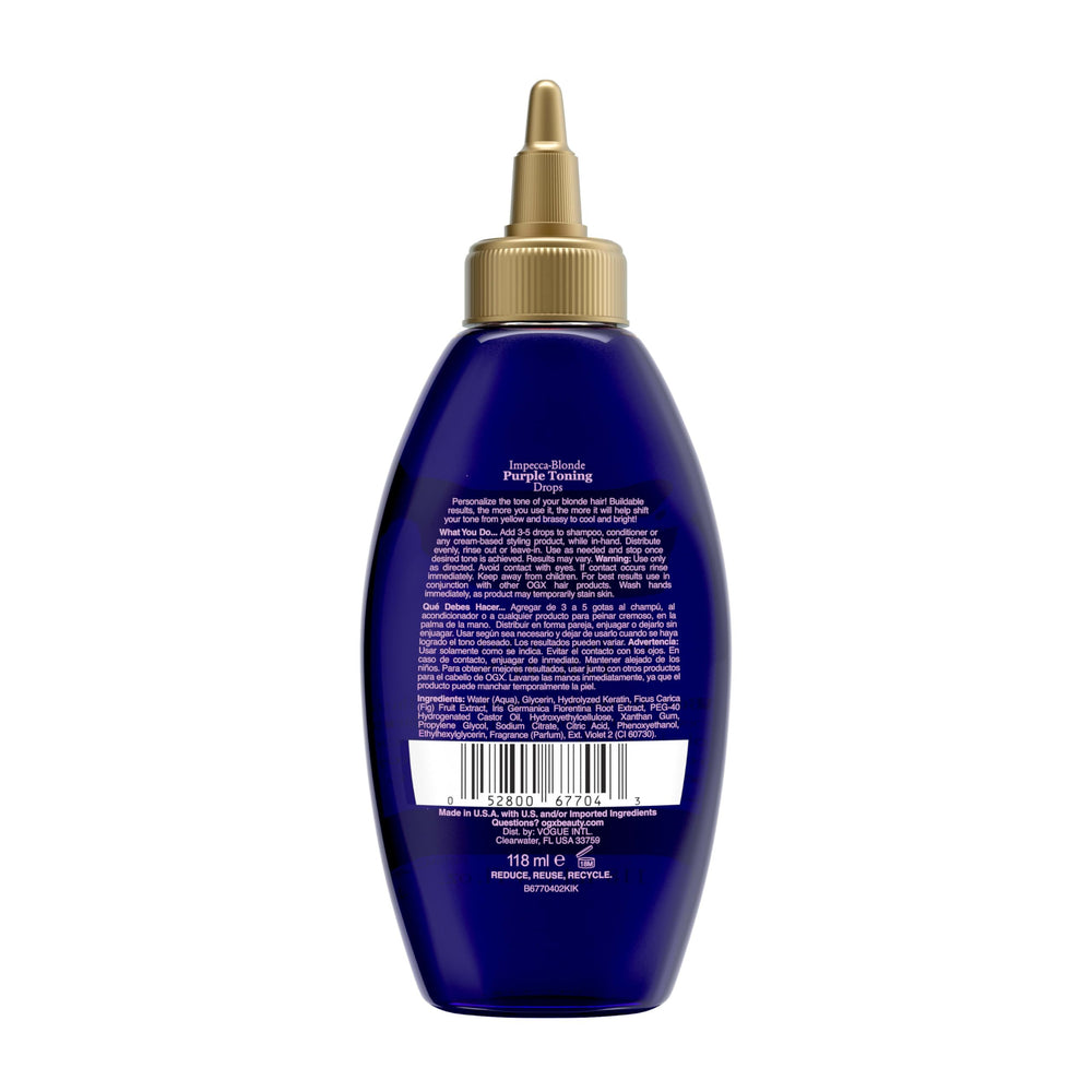Official OGX pairing shows Impecca-Blonde Drops with purple toning shampoo for deeper correction.