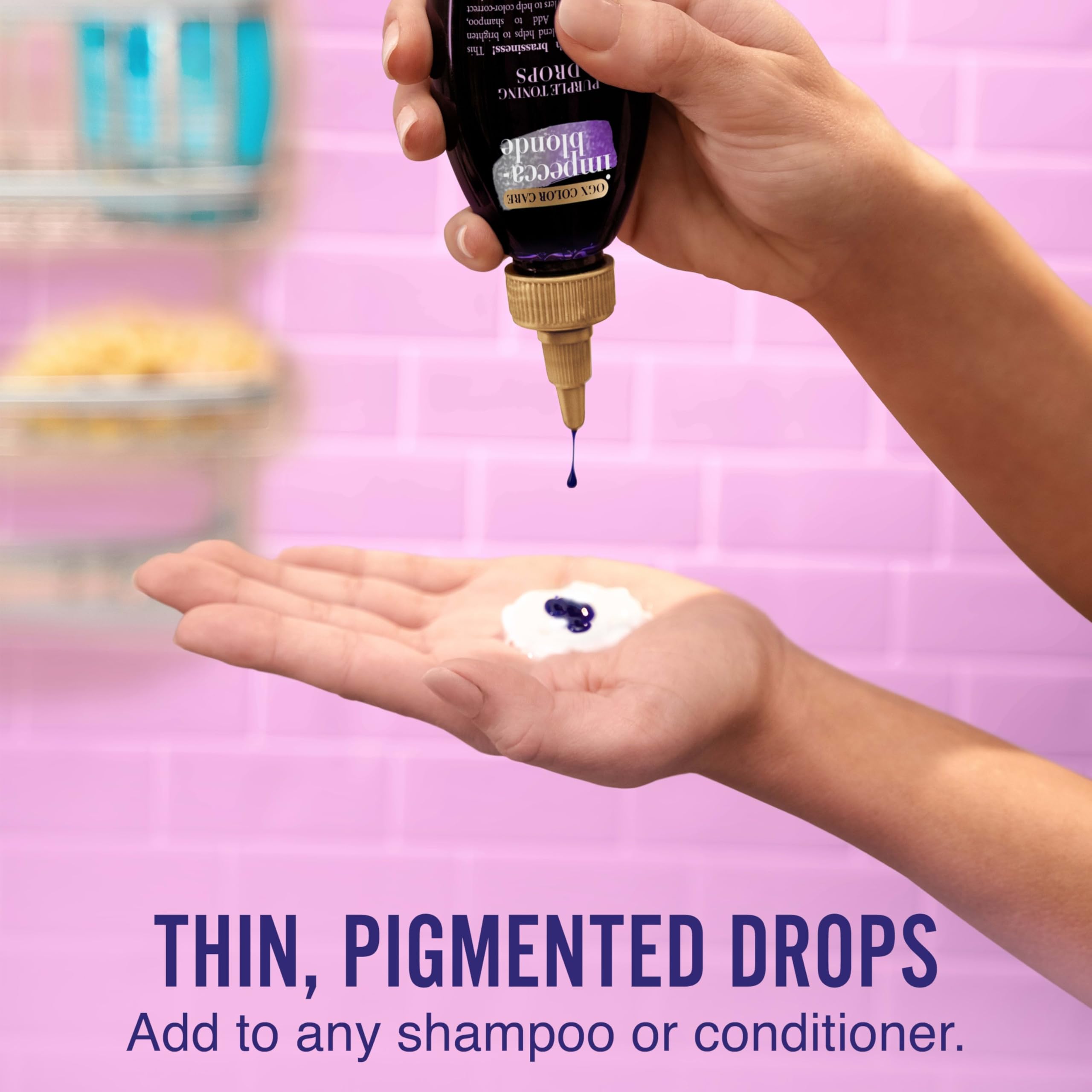 Bottle sits beside shampoo to demonstrate adding 3–5 drops into your routine.