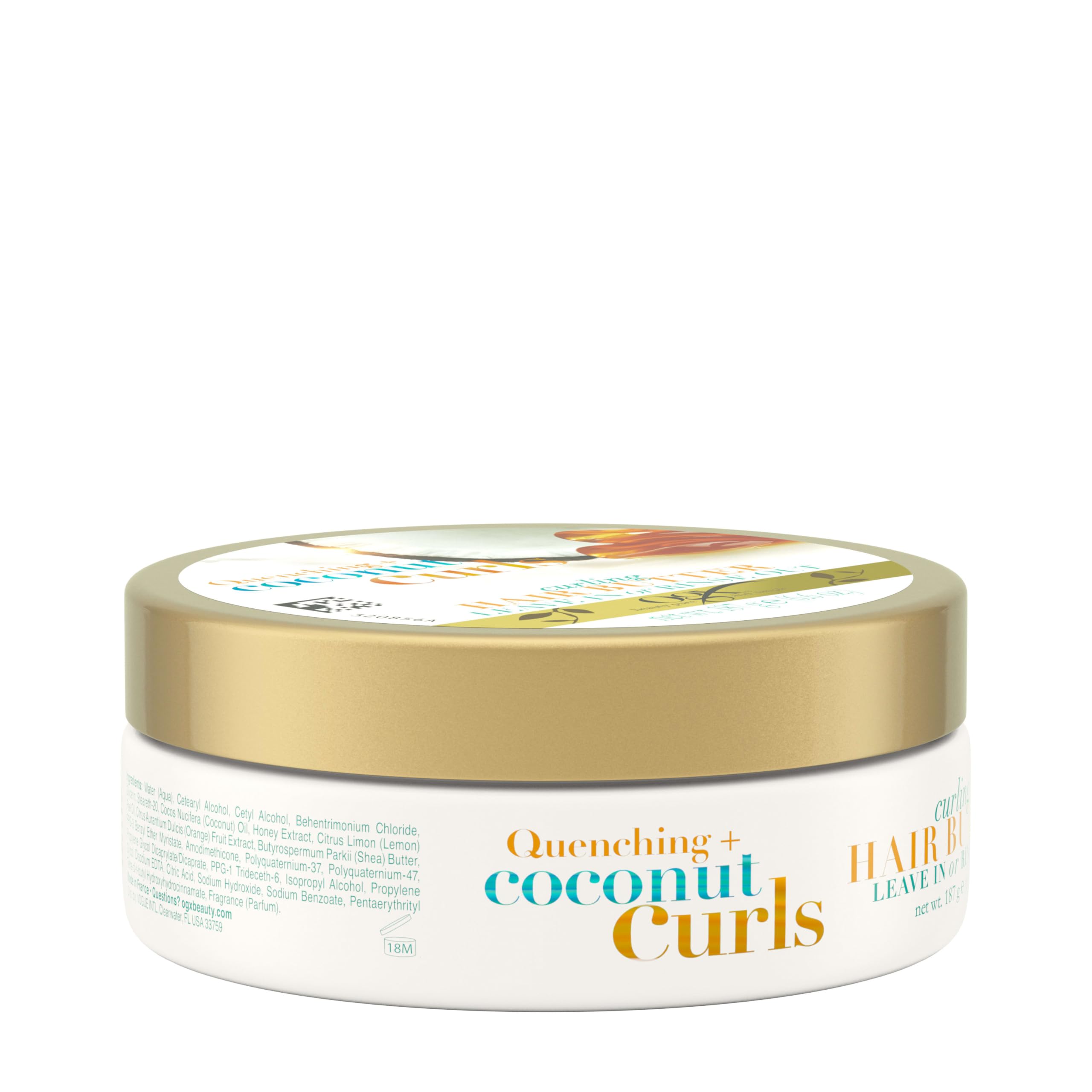 Citrus oil highlight in OGX butter promoting shine.