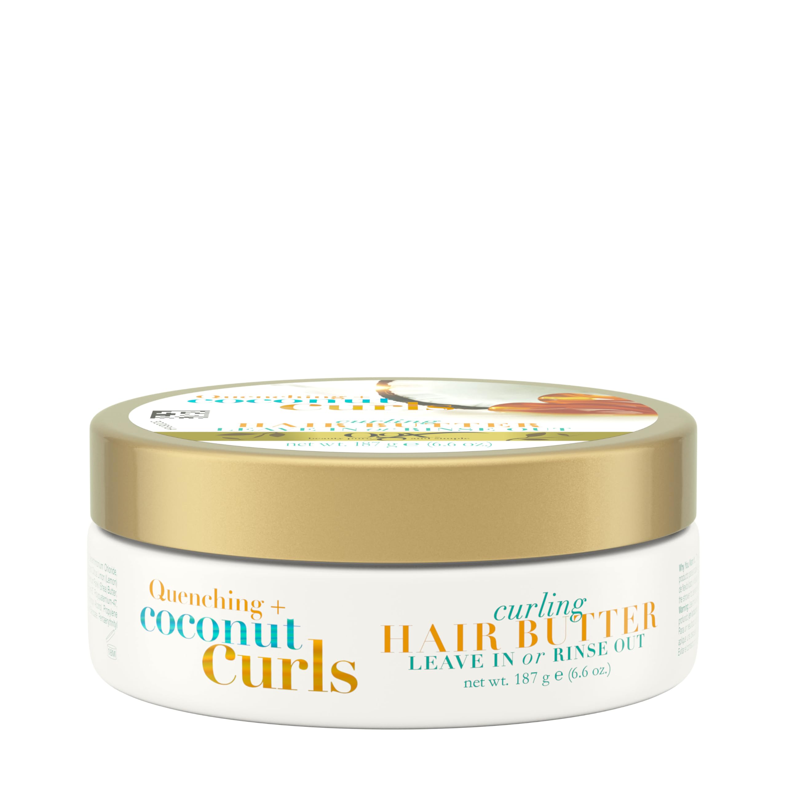 OGX Quenching Coconut Curls Butter jar showing defined, hydrated curls.
