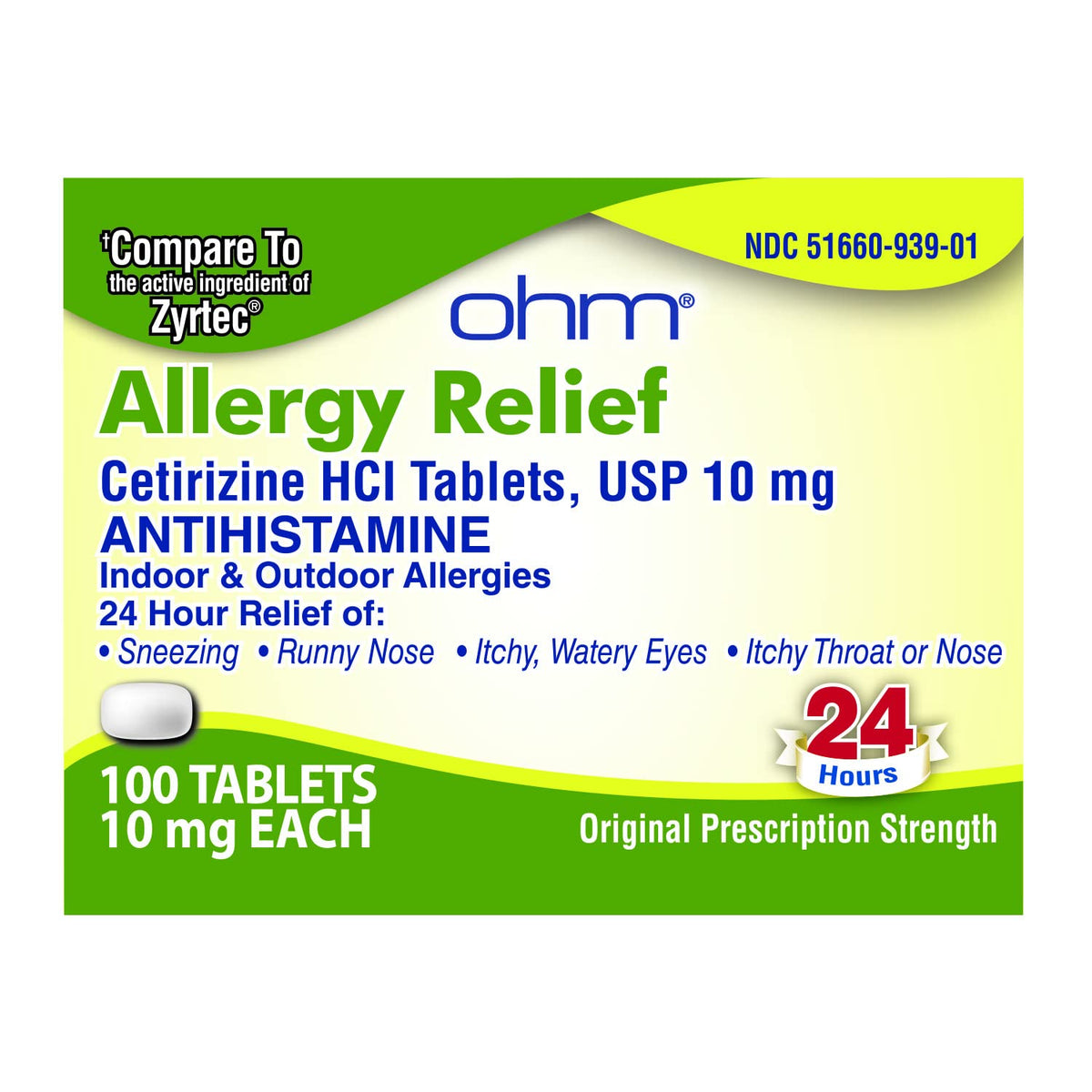 Ohm Cetirizine 10 mg bottle for all-day allergy relief and non-drowsy use.