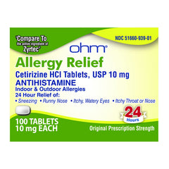 Ohm Cetirizine 10 mg tablets pack for all-day allergy relief