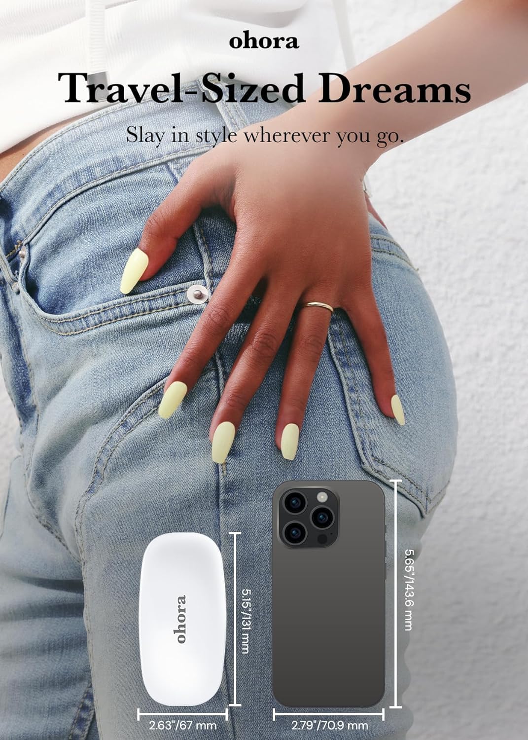 ohora Care LED Lamp shown curing gel strips on nail for durable finish.