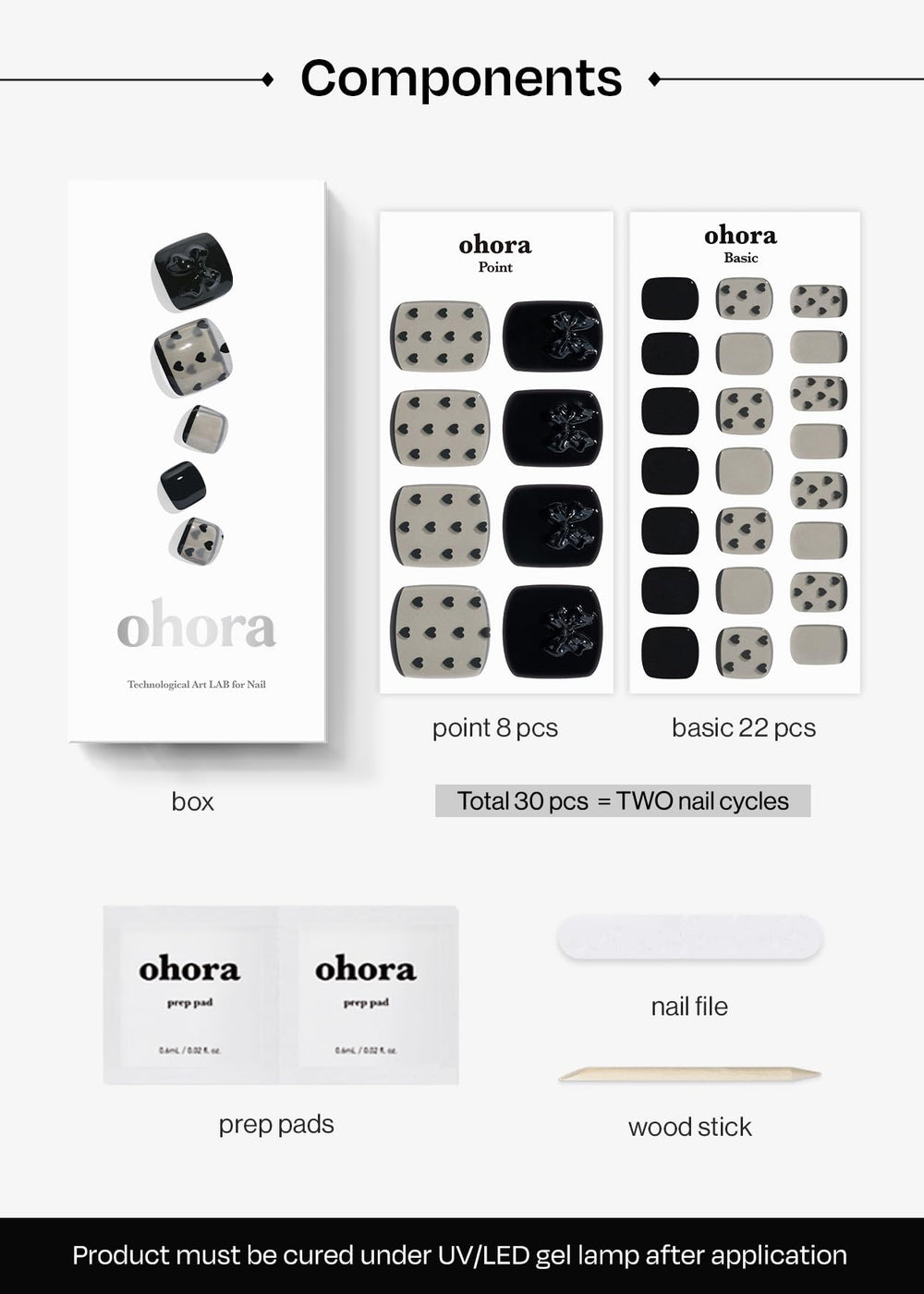 ohora includes prep pads, nail file, and wooden stick for setup.