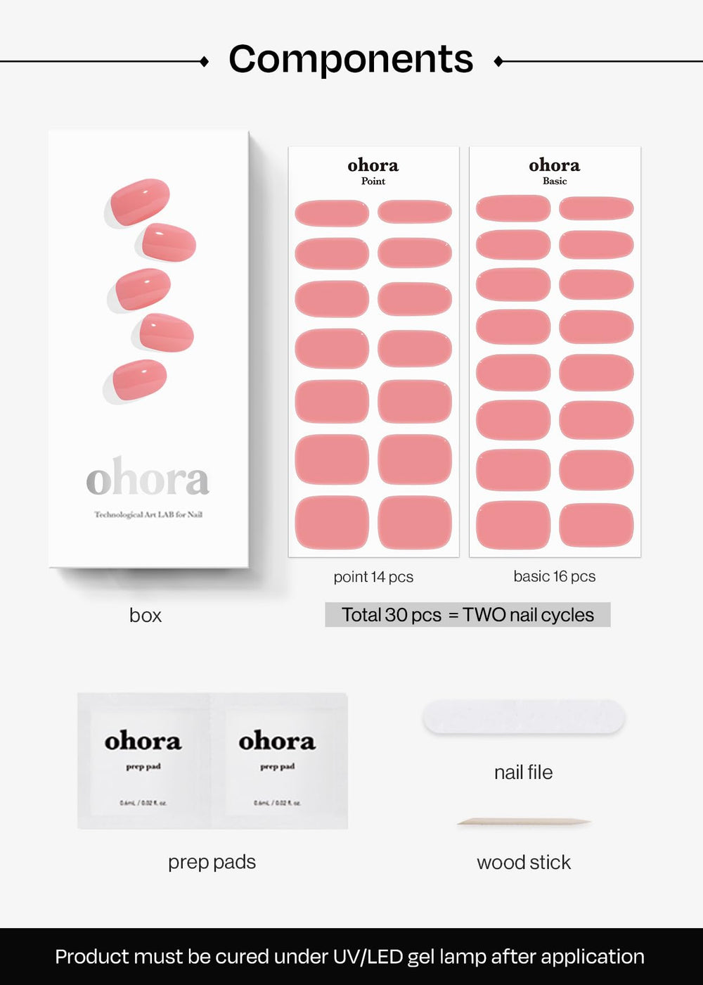 ohora included tools: prep pads, nail file, wooden stick