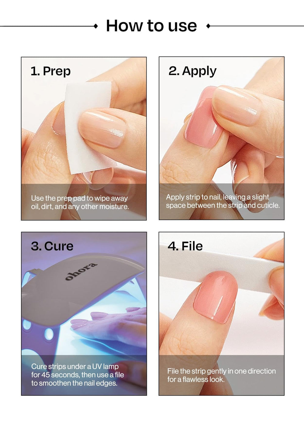ohora includes 2 prep pads, nail file, and wooden stick for prep and shaping