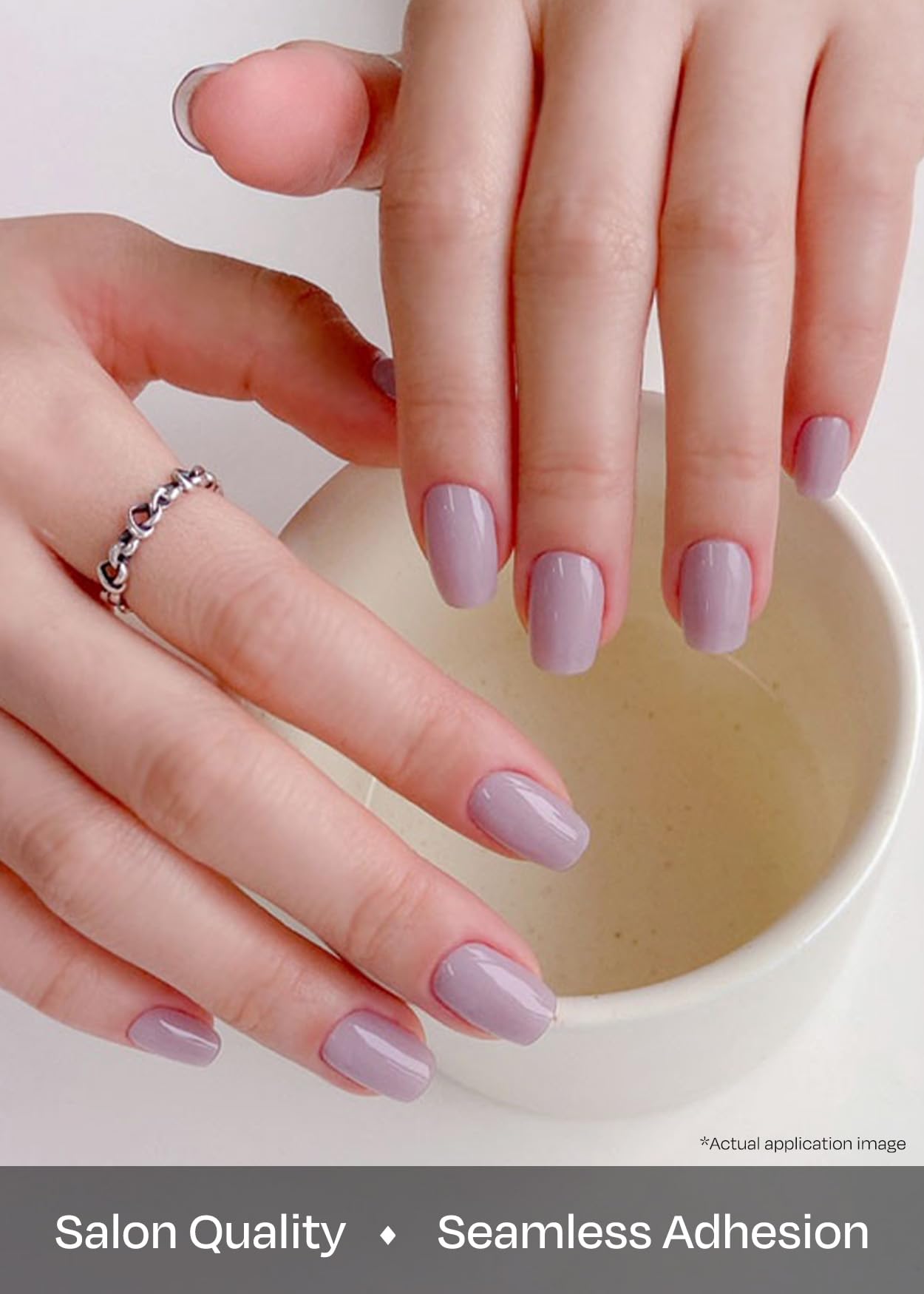 ohora Lavender nail wraps on hand illustrate flexible fit for different nail shapes