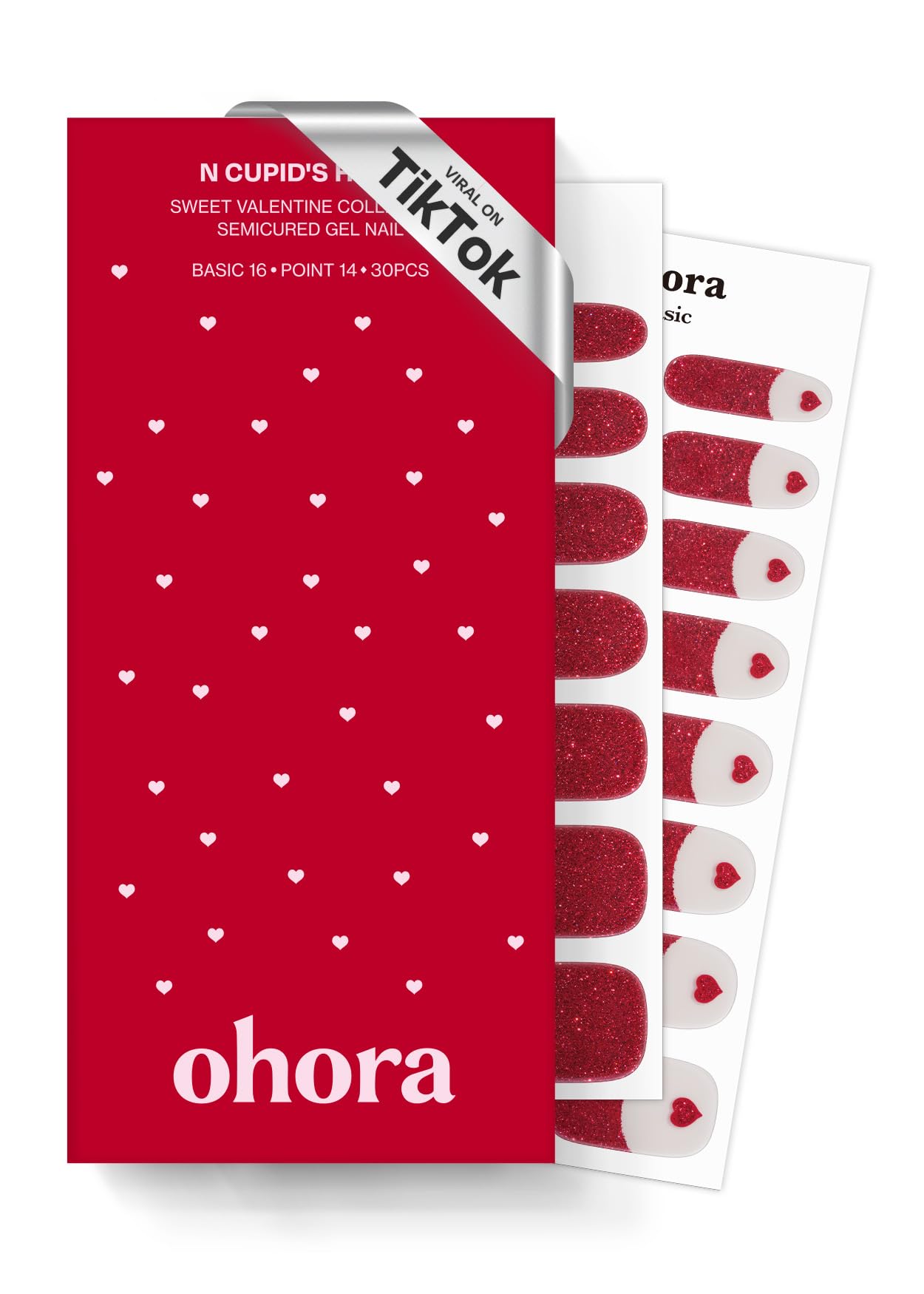 ohora n cupid's heart nail strips closeup showing red glitter for salon-like shine
