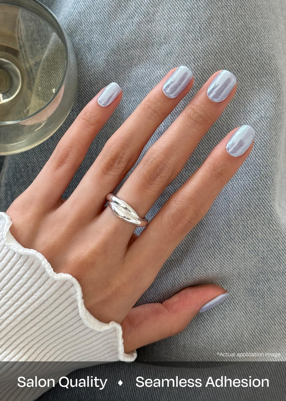 ohora N Light Blue Chrome cured under lamp demonstrates lasting, shiny gel-like finish.