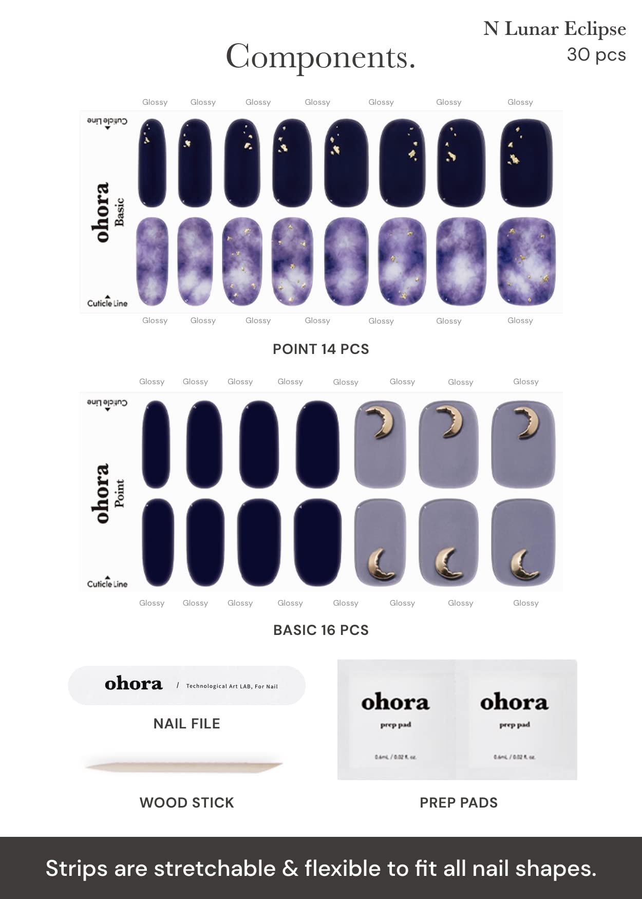 Ohora Lunar Eclipse includes prep pads, file, and wooden stick for full kit.