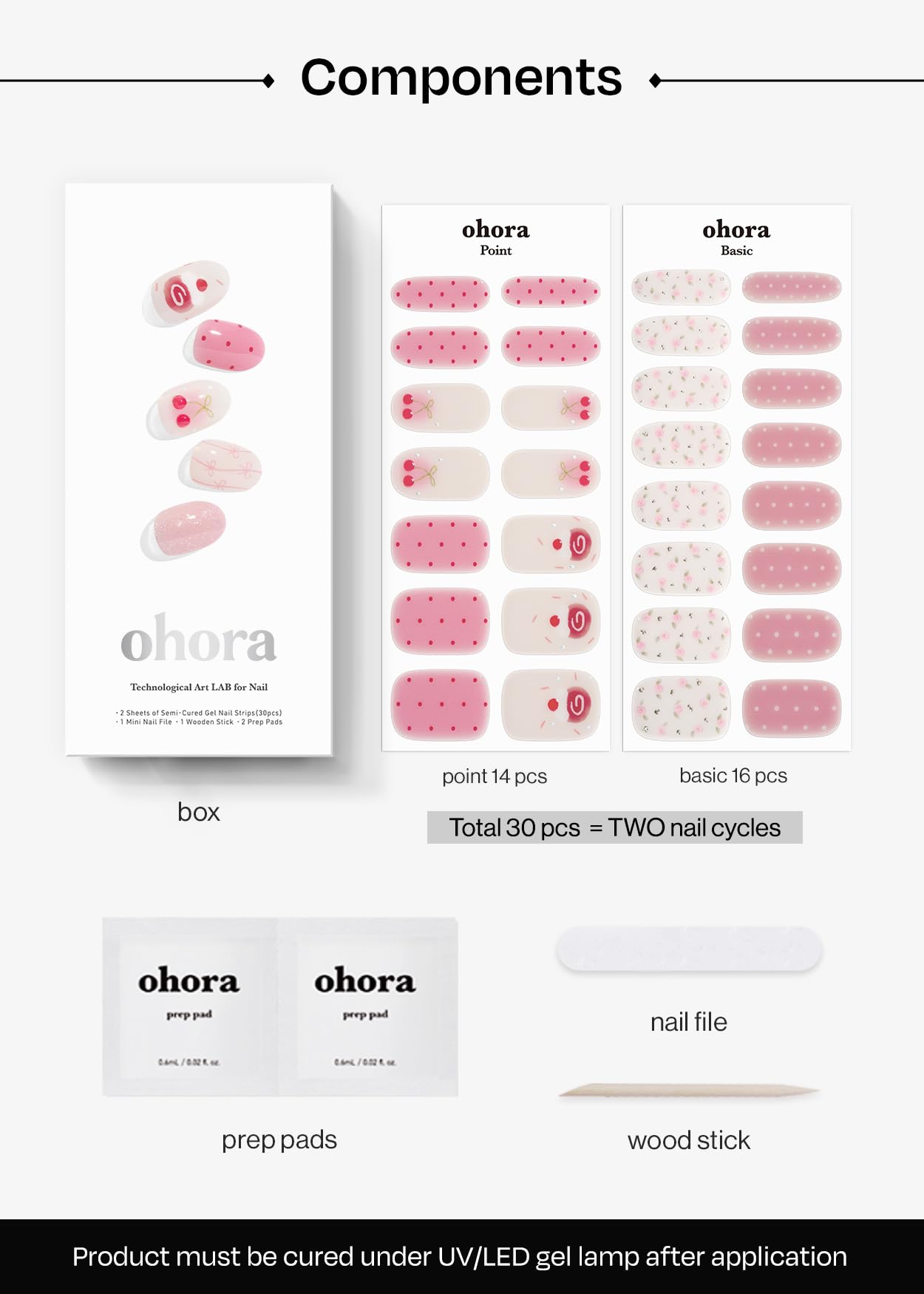 ohora N Sugar Rush tools included: prep pads, file, wooden stick