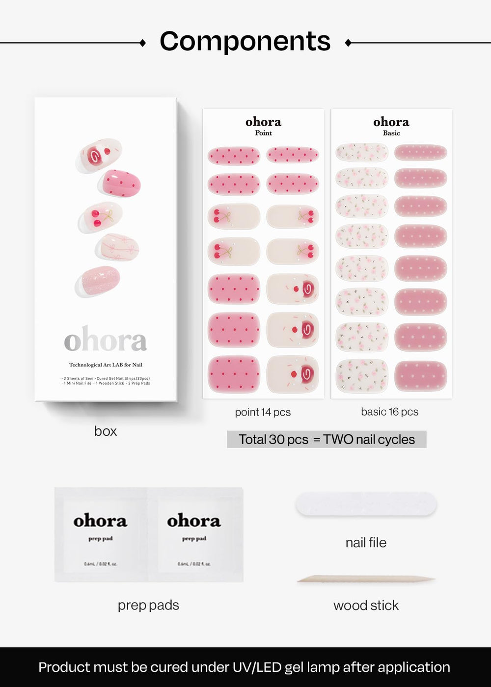 ohora N Sugar Rush tools included: prep pads, file, wooden stick