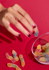 ohora semi cured gel nail strips N Blood Drop closeup shows vivid red ombre detail