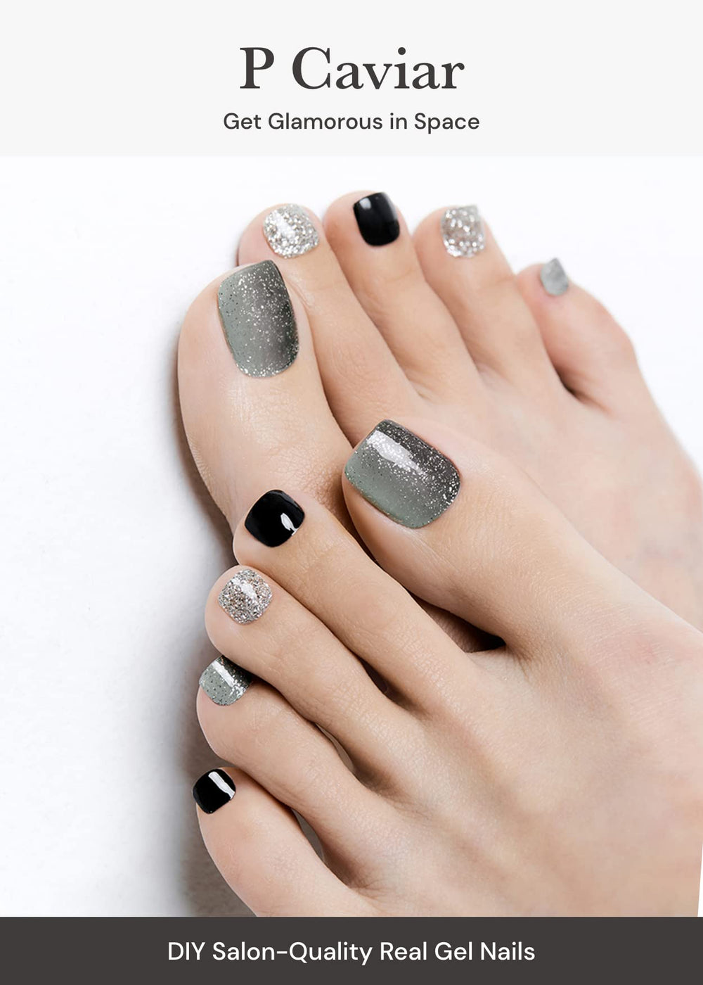 ohora semi cured gel pedi strips p caviar glitter closeup shows glitter finish for eye-catching nails