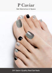 ohora semi cured gel pedi strips p caviar glitter closeup shows glitter finish for eye-catching nails