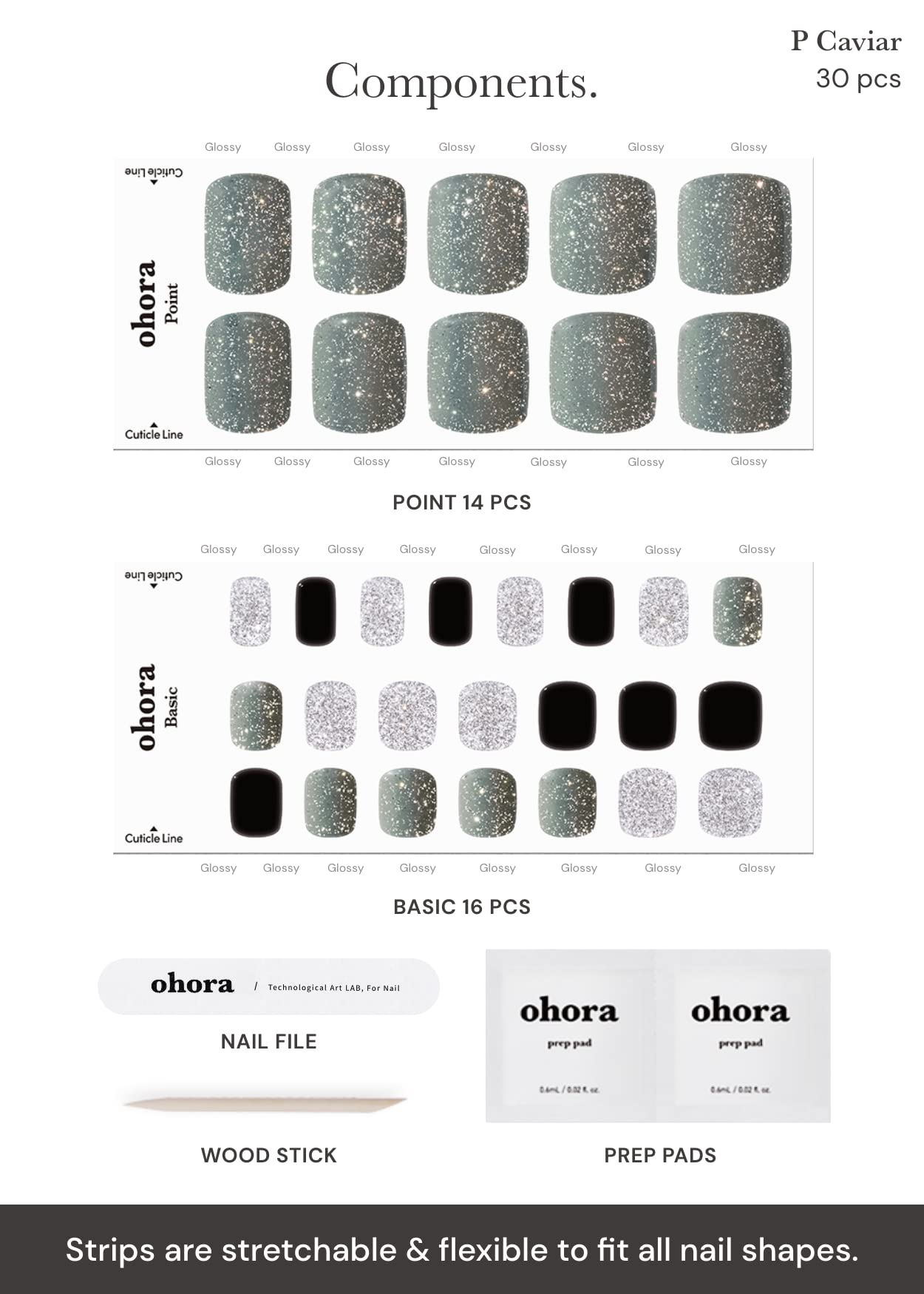 ohora semi cured gel pedi strips p caviar contents prep pads file and stick for prep and set